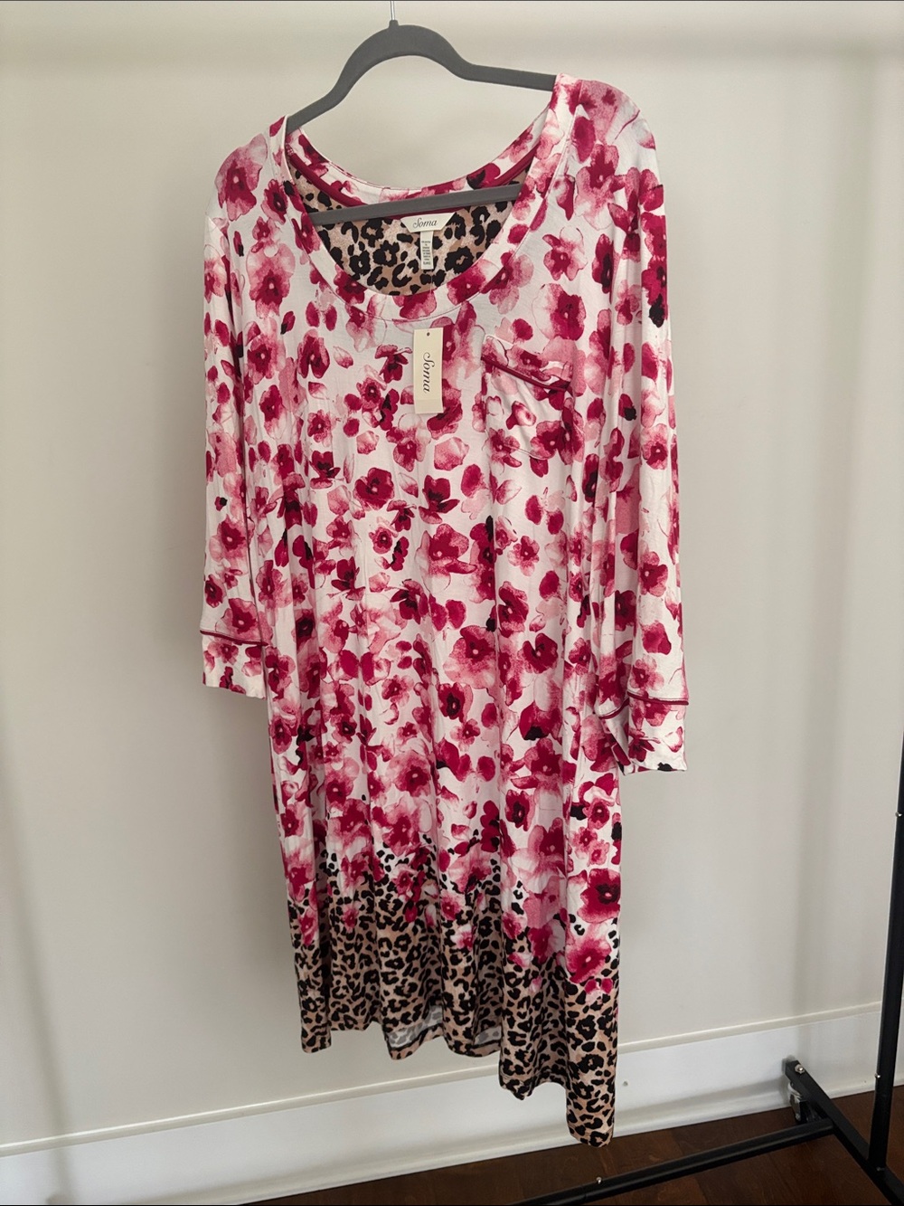 Soma White Dress with Pink Floral Print and Leopard Border XL NWT 😃😻